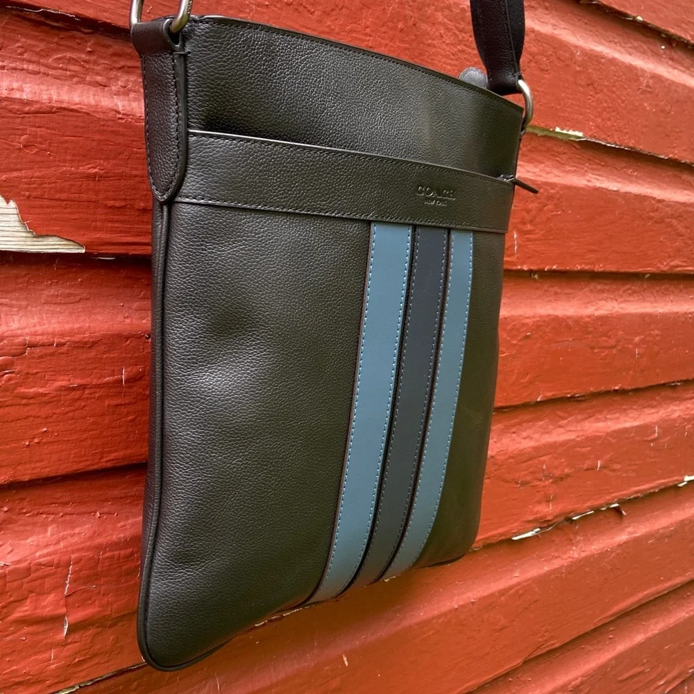 COACH Charles Crossbody Bag Varsity Black Leather Denim & Midnight Navy Stripe